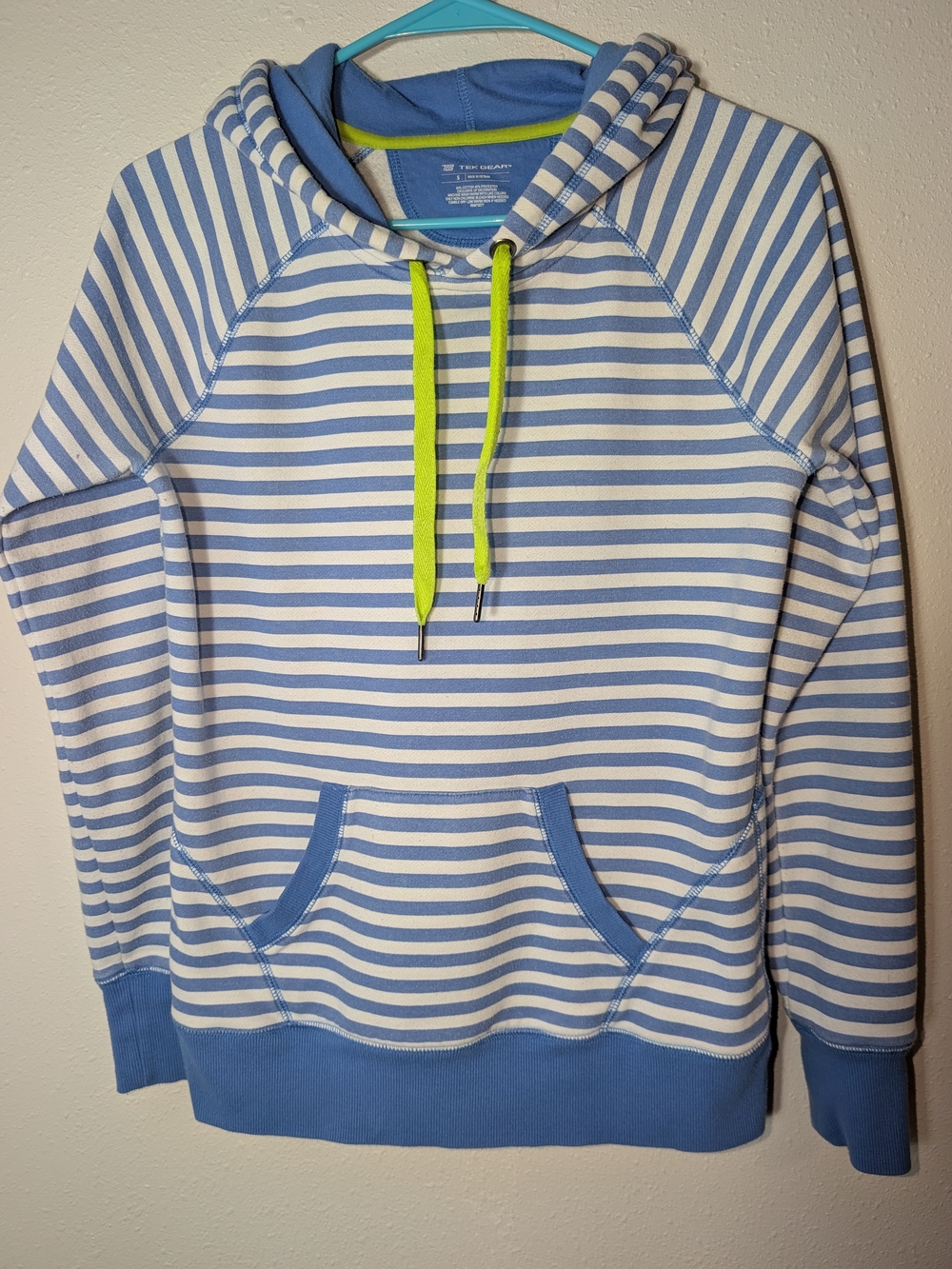 tek gear Blue & White Striped Hooded Sweater with Lime Drawcord